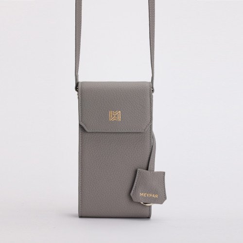 Grey Leather Phone Pouch with Card Slots