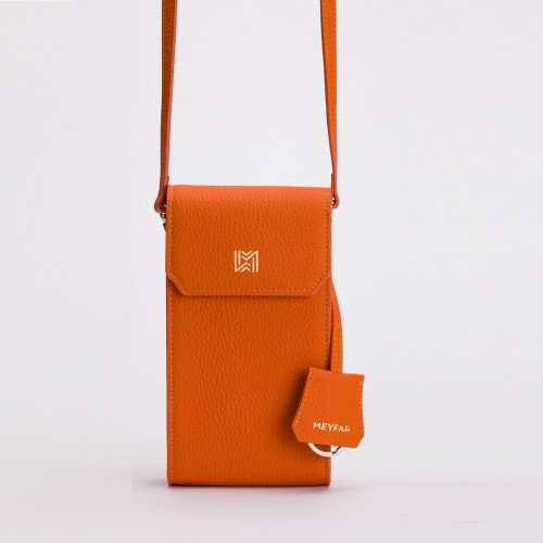 Orange Leather Phone Pouch with Card Slots